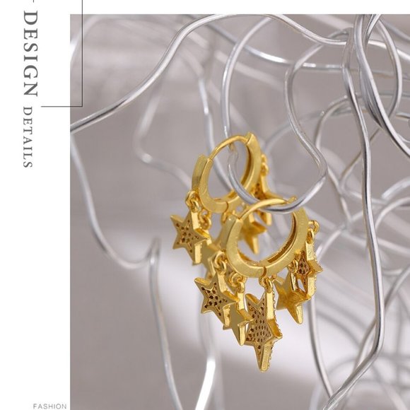 New 18K Gold Plated Diamond Star Round Huggie Hoop Earrings - Picture 5 of 6